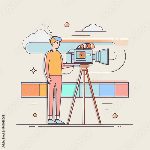 Videographer Operating Professional Camera On Tripod Capturing Footage