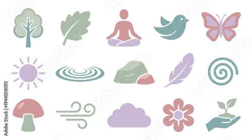 A collection of fifteen serene, flat design icons for nature, meditation, and wellness, featuring elements like trees, birds, and yoga poses on a white background.