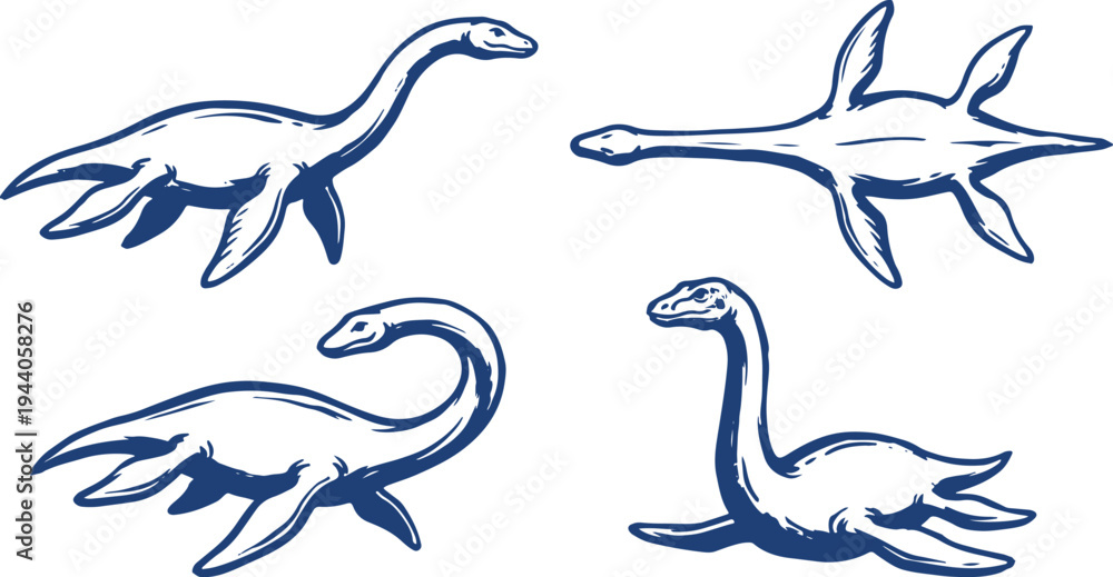 Obraz premium Plesiosaurus Prehistoric Marine Reptile Dinosaur Set Vector Illustration.