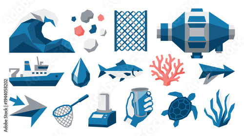 A collection of fifteen blue and coral geometric icons representing ocean conservation and marine life is arranged neatly on a plain white background.