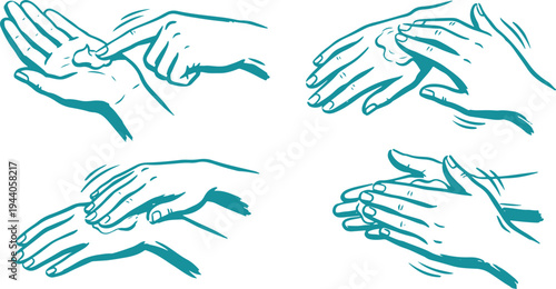 Hand Washing Steps Hygiene and Sanitizing Hands Process Set Vector Illustration.