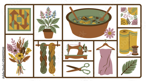 A cozy collection of ten illustrations showcasing various handmade crafts like sewing, quilting, and natural dyeing is arranged in a neat grid composition.