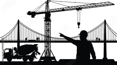 Construction site silhouette featuring a tower crane engineer pointing at a large suspension bridge and cement truck for infrastructure development
