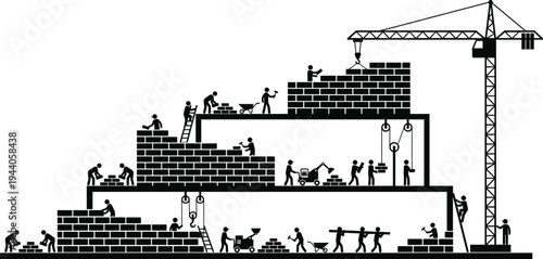 Construction Site Silhouette with Workers Building Brick Wall Structure and Tower Crane Lifting Materials for Industrial Project Development on White Background