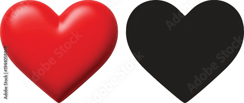 Red and black heart symbols on white background