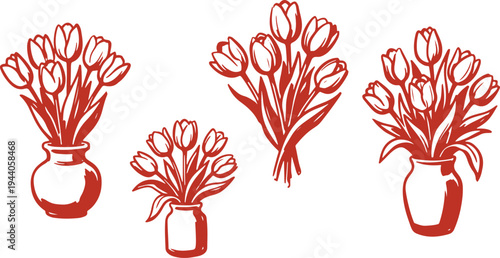 Tulip Flower Bouquet in Vase Floral Arrangement Set Vector Illustration.