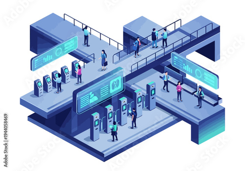 Isometric illustration of a futuristic subway station with passengers interacting with digital screens and ticket machines