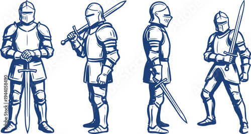 Medieval Knight Warrior with Sword Armor Standing Set Vector Illustration.