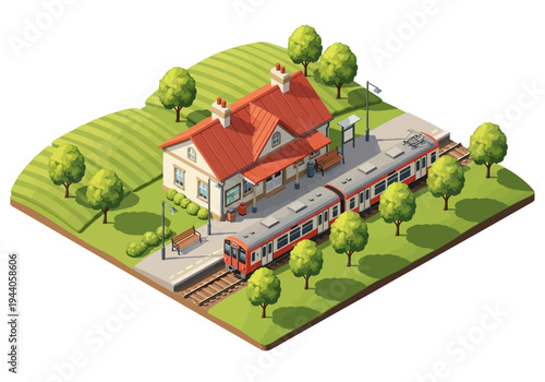 Isometric train station with a passenger train stopped at the platform, surrounded by green hills and trees, perfect for travel and transportation themes