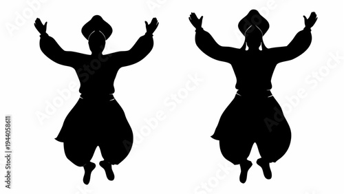 Two traditional bhangra dancers jumping in mid air arms raised in dynamic dance pose silhouette against white background