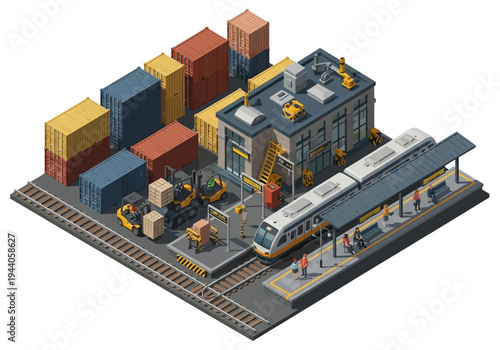 Isometric industrial logistics hub with train station and cargo containers, showcasing transportation and warehousing operations