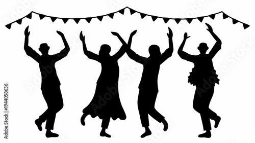 Group of people performing energetic bhangra dance silhouettes under colorful party banner lights on white background