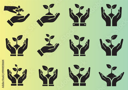Collection of hands holding young plants and seedlings illustration