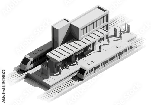 Modern elevated train station with two trains on parallel tracks, architectural design concept