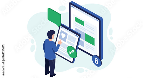 An isometric vector illustration of a user interacting with a social media application on a tablet, with data syncing to a larger screen and security icons nearby.