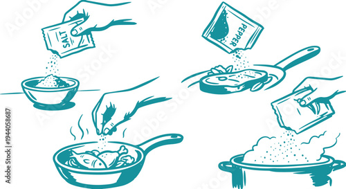 Cooking Process Set Adding Salt and Cooking in Pan Food Preparation Vector Illustration.