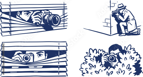 Spy and Detective Surveillance Set Secret Agent Watching and Taking Photo Vector Illustration.