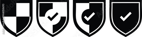 Black and white shield icons with checkmarks and geometric patterns