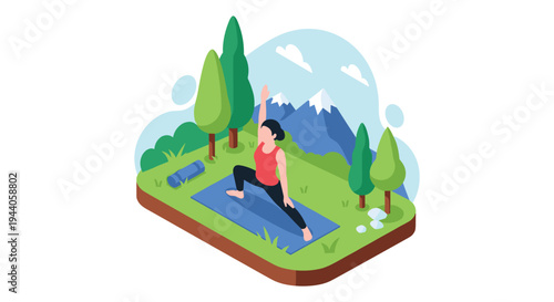Isometric illustration of a woman practicing the warrior yoga pose on a mat in a serene outdoor park with mountains.