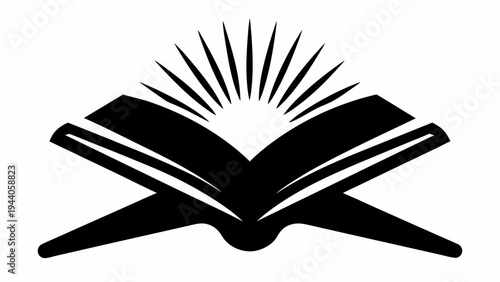 Open book with sun rays silhouette representing knowledge and education concept in black