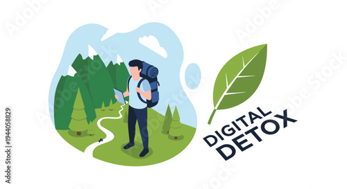 Illustration of a man hiking with a backpack in the mountains, representing the concept of a digital detox from technology.