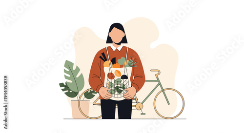 Flat vector illustration of a woman holding a reusable grocery bag filled with fresh, healthy produce, standing next to her bicycle.