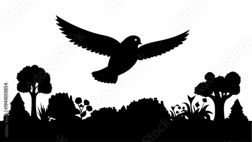 Bird flying above serene garden landscape silhouette peaceful atmosphere and nature