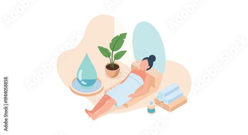 Isometric illustration of a woman relaxing on a massage table at a wellness spa, surrounded by towels, oil, and a water symbol.