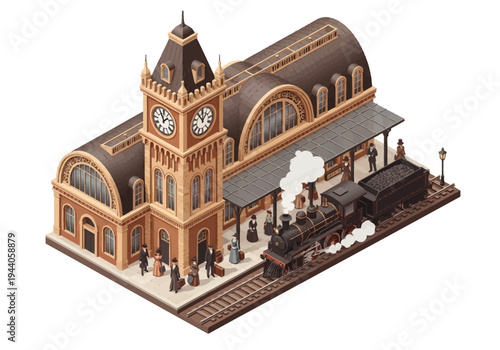 Vintage steam train at an old-fashioned railway station with a clock tower, evoking nostalgia and travel