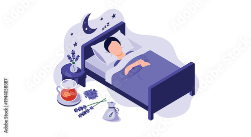 Isometric illustration of a person sleeping peacefully, with lavender and herbal tea nearby to promote relaxation and restful sleep.