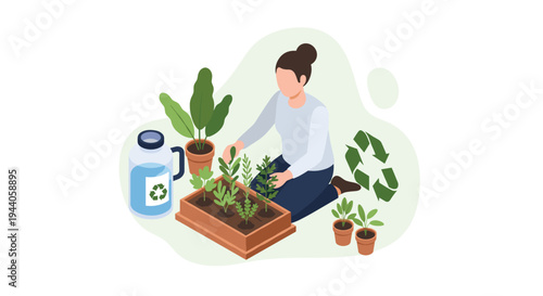 An isometric vector illustration of a woman gardening, tending to plants in a planter box with a water jug and recycling symbols on a white background.