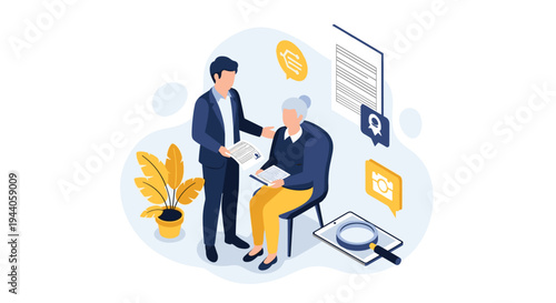 A financial advisor explains a contract to a senior woman, surrounded by icons representing insurance or legal services.