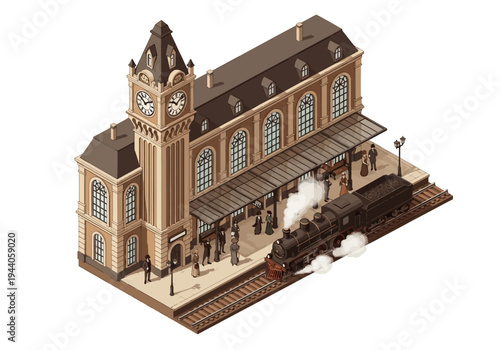 Retro isometric illustration of a vintage train station with a steam locomotive pulling into the platform