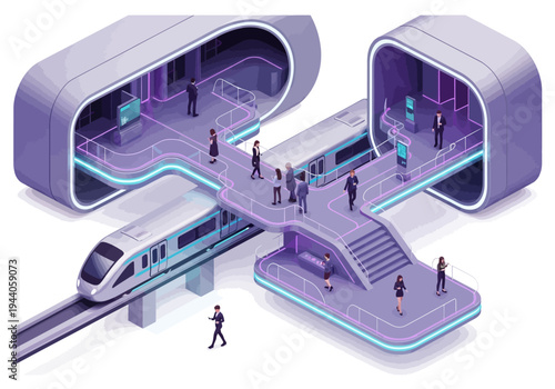 Futuristic high-speed train station with passengers and modern architecture, concept of smart transportation