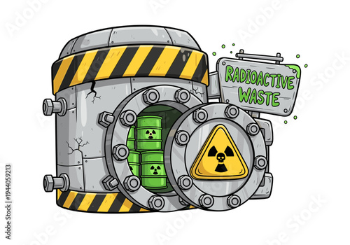 Cartoon illustration of a secure vault containing radioactive waste barrels with hazard symbols