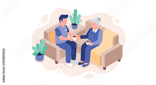A young male caregiver sits on a comfortable sofa with an elderly woman, sharing a warm drink and conversation in a cozy isometric illustration.
