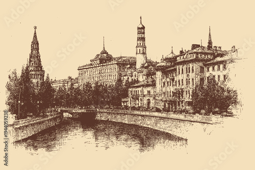 Grand Kremlin Palace, Russia illustration in a vintage style. This vector illustration can be used in any size you like for advertising, logos, and other work.