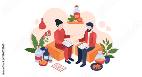An isometric illustration shows a man and a woman having a consultation about alternative medicine, surrounded by herbal remedies and plants.