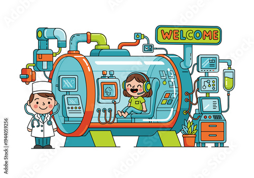 Cute cartoon doctor with stethoscope and child in futuristic medical pod