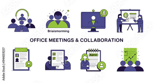 Set of 8 Office Meetings and Collaboration Vector Icons