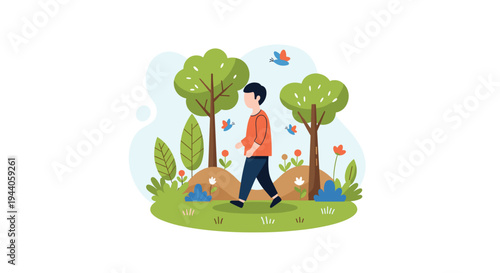 A young man enjoys a peaceful walk through a beautiful green park with lush trees, colorful flowers, and fluttering butterflies in a clean vector illustration.