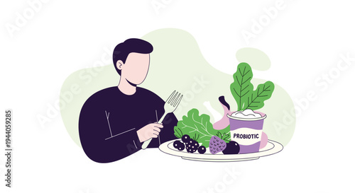 A man holds a fork preparing to eat a healthy meal of leafy greens, berries, and probiotic yogurt from a plate in a minimalist flat vector illustration.