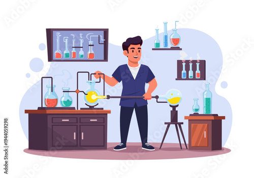 Scientist conducting a chemical experiment with glowing flasks and bubbling liquids in a laboratory