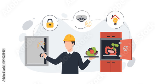 A conceptual illustration combines themes of home security, safety, and health, with a man in a hard hat managing a safe while an oven shows a healthy gut.