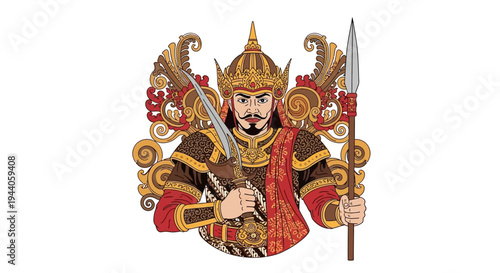 A detailed vector illustration of a warrior king, set against a colorful abstract background, showcasing modern digital art style