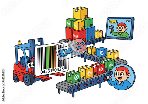 Cartoon warehouse automation with forklift, conveyor belts, and barcode scanning technology