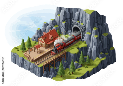 Vintage train emerging from a mountain tunnel, arriving at a charming station nestled on a cliffside