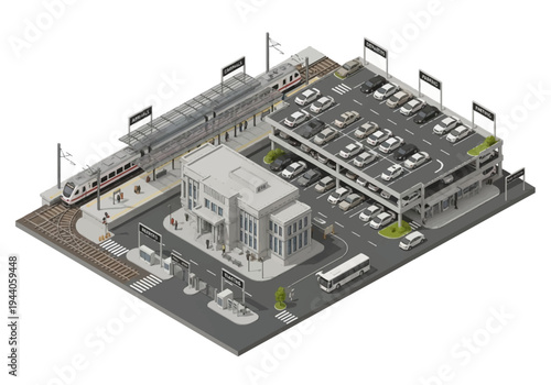 Isometric view of a bustling transportation hub with a train station, bus stop, and multi-level parking garage