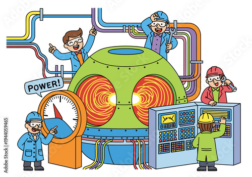 Scientists working on a futuristic power generator with glowing energy core and control panels
