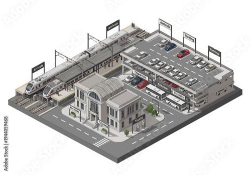 Isometric train station with parking garage, bus station, and buildings